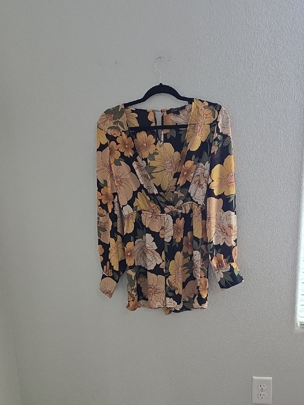 Forever 21 Black Floral Wrap-Style Long Sleeve Romper